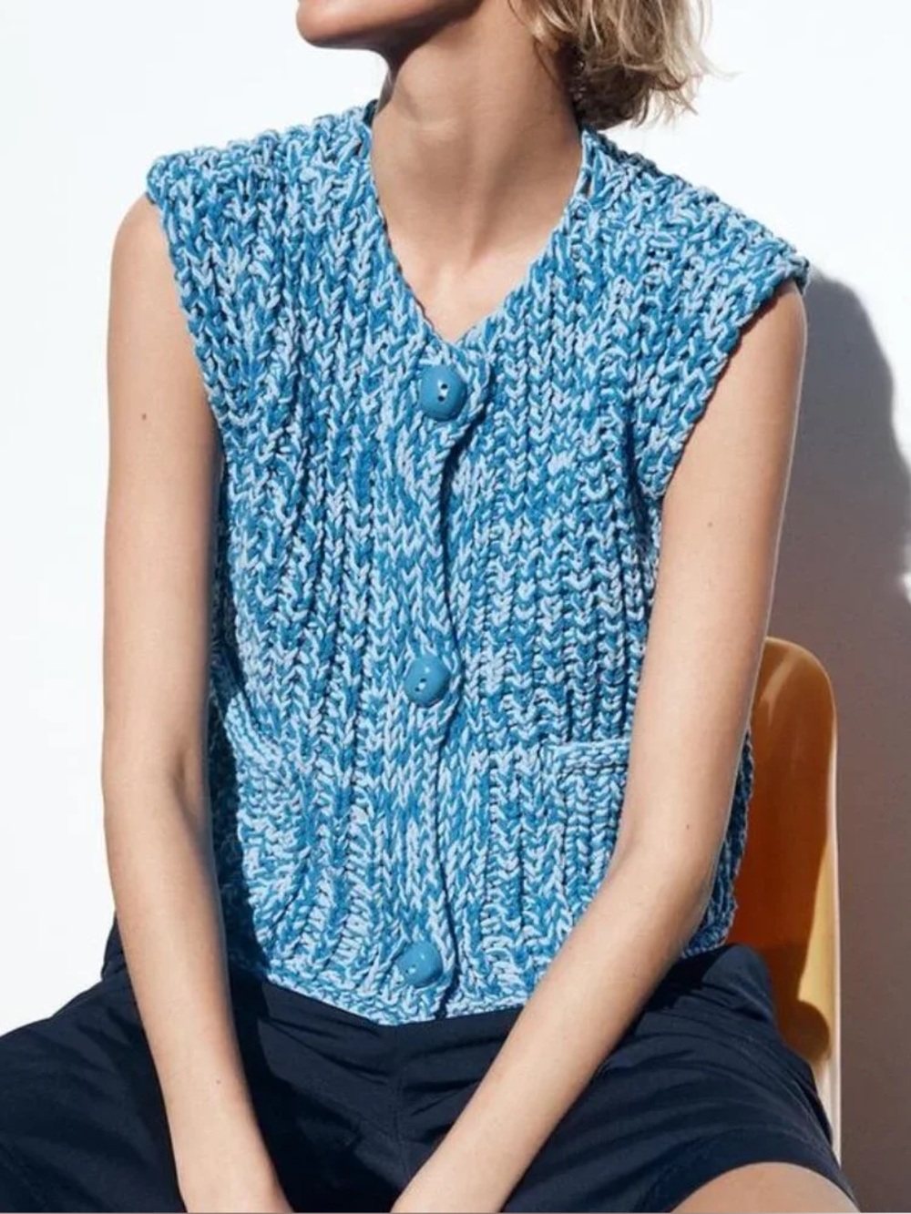 Zara Chunky Knit Vest Blue – Round Neck, Sustainable Cotton Blend Size Medium